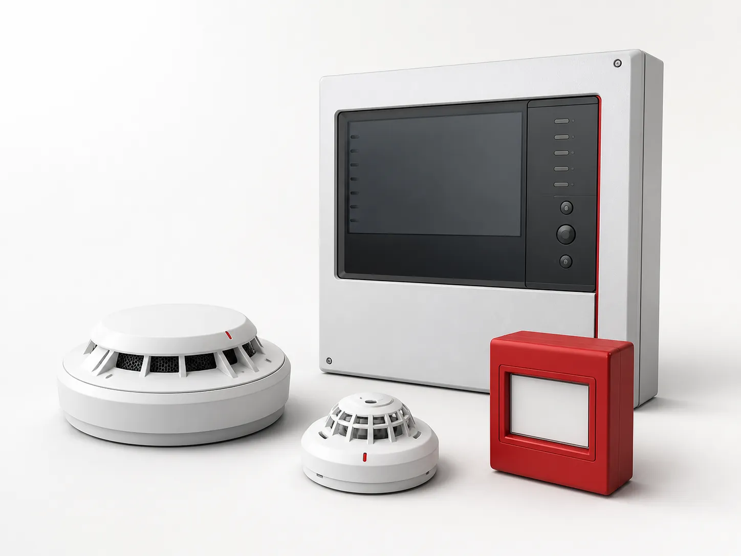Modern fire alarm panel, smoke detector and manual call point