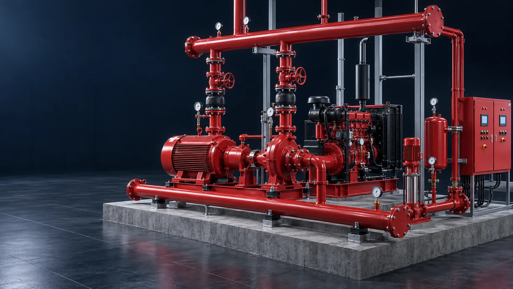 Conceptual view of a coordinated main, standby and jockey fire-pump assembly