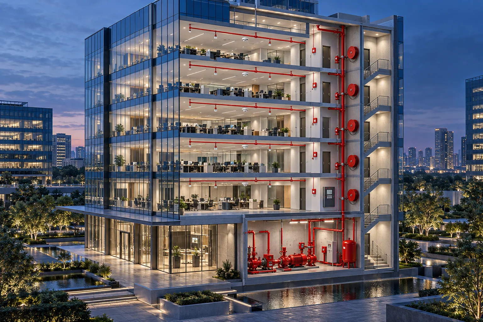 Modern corporate office cutaway showing sprinklers, hydrant risers, alarms and fire pumps