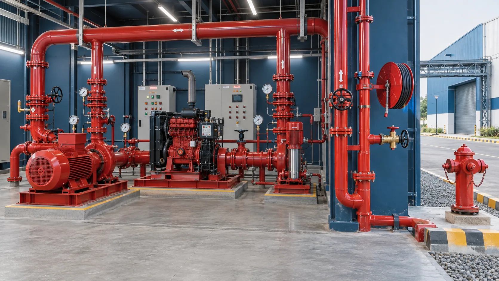 Integrated building fire protection network with hydrant riser and pump room