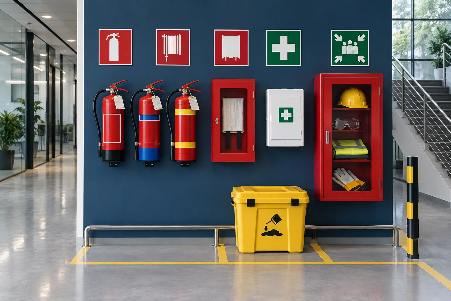 Fire safety equipment integrated into a protected building environment