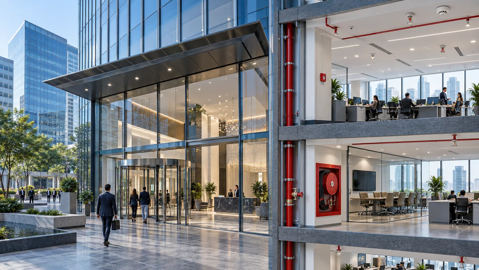 Modern commercial office building with integrated fire protection systems
