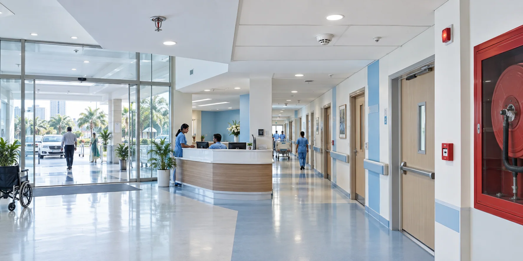 Modern hospital environment with integrated fire protection systems