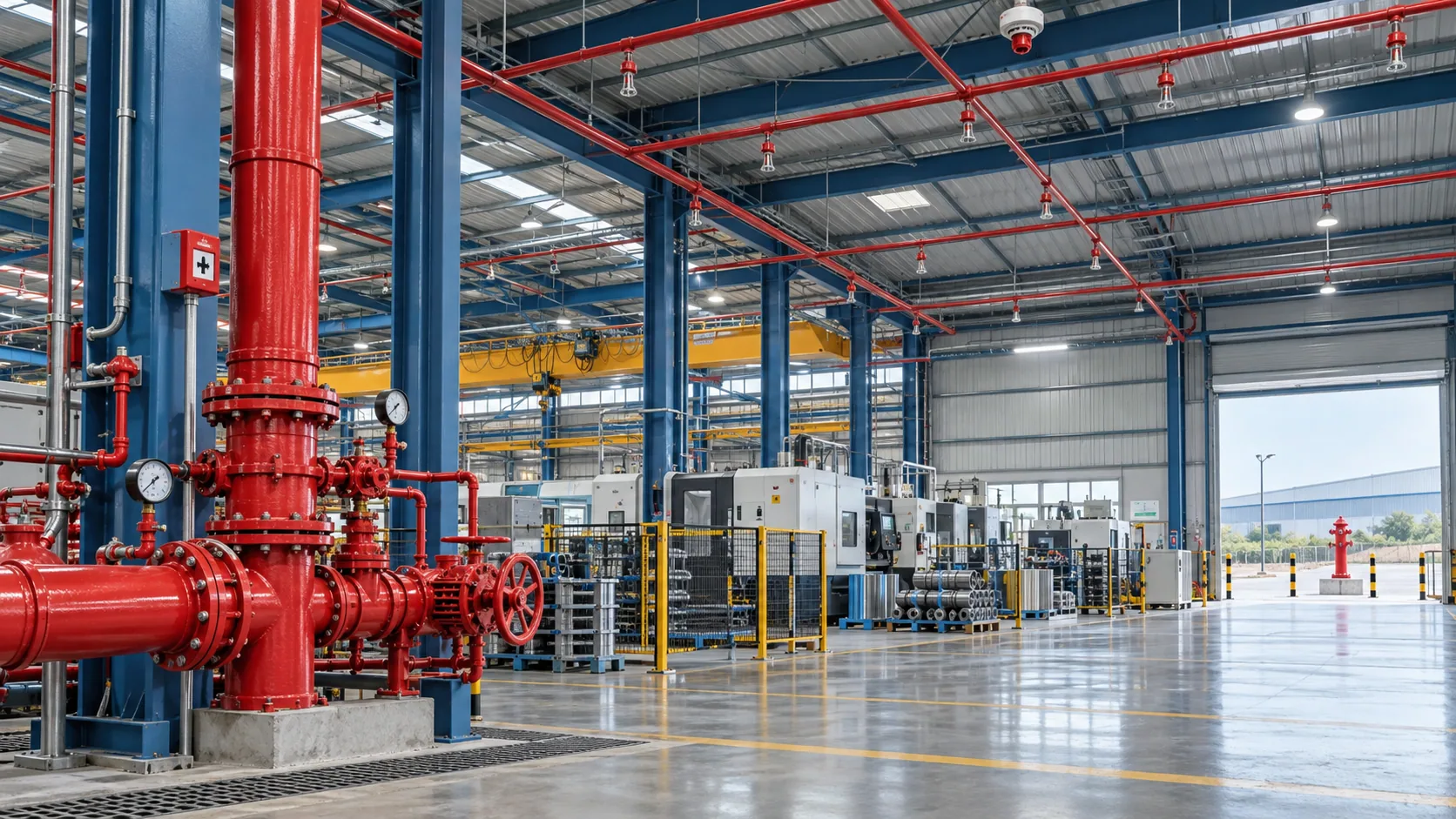 Modern industrial manufacturing facility with integrated fire protection systems