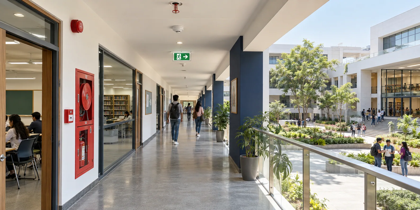 Modern educational campus with integrated fire protection systems