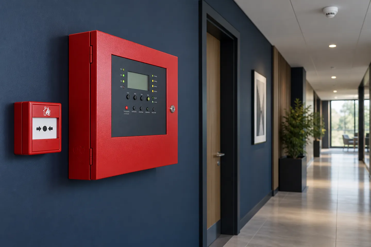 Fire alarm control panel, manual call point and ceiling detector in a commercial corridor