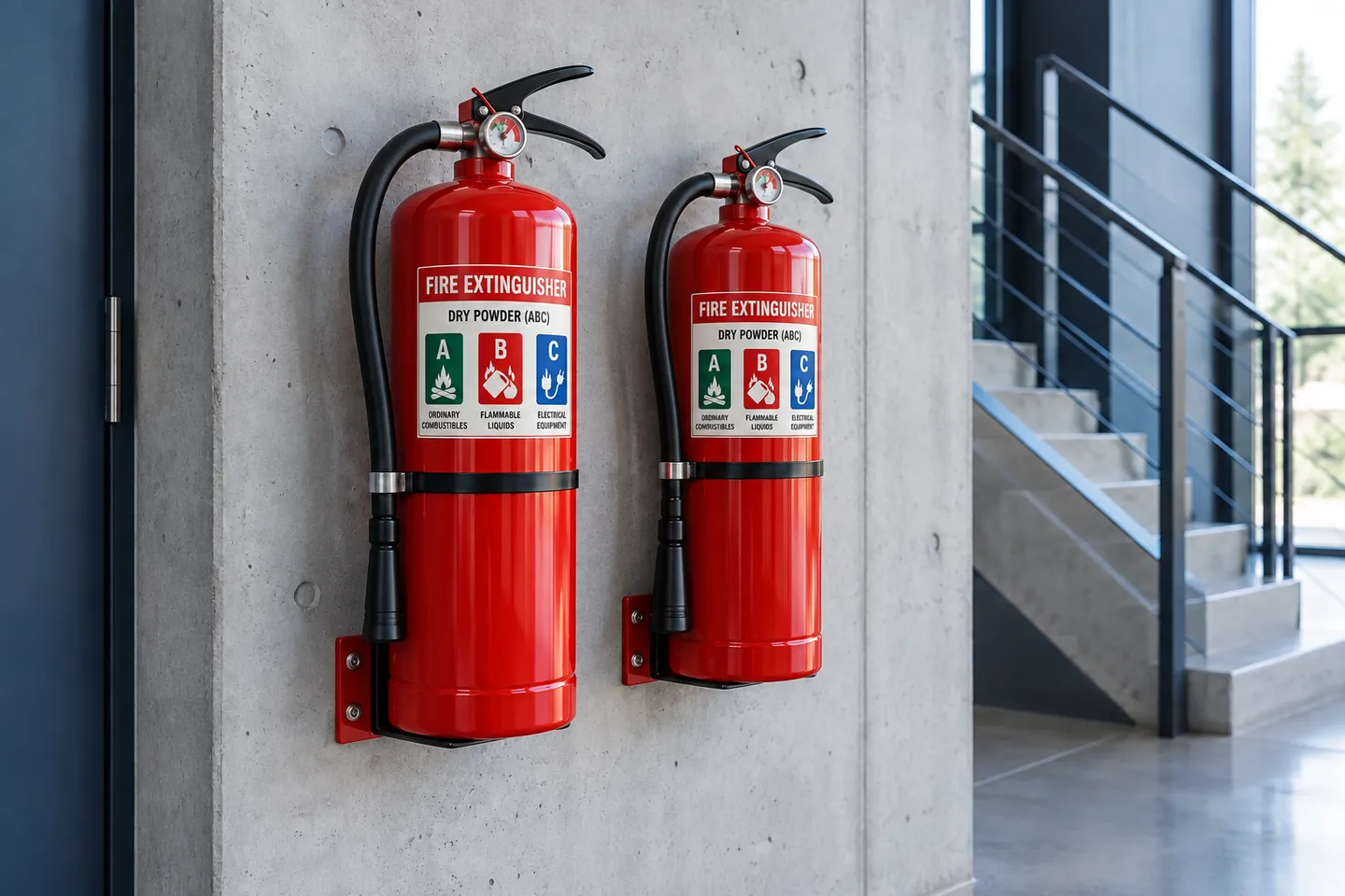 Accessible portable dry-powder extinguishers mounted in a commercial building