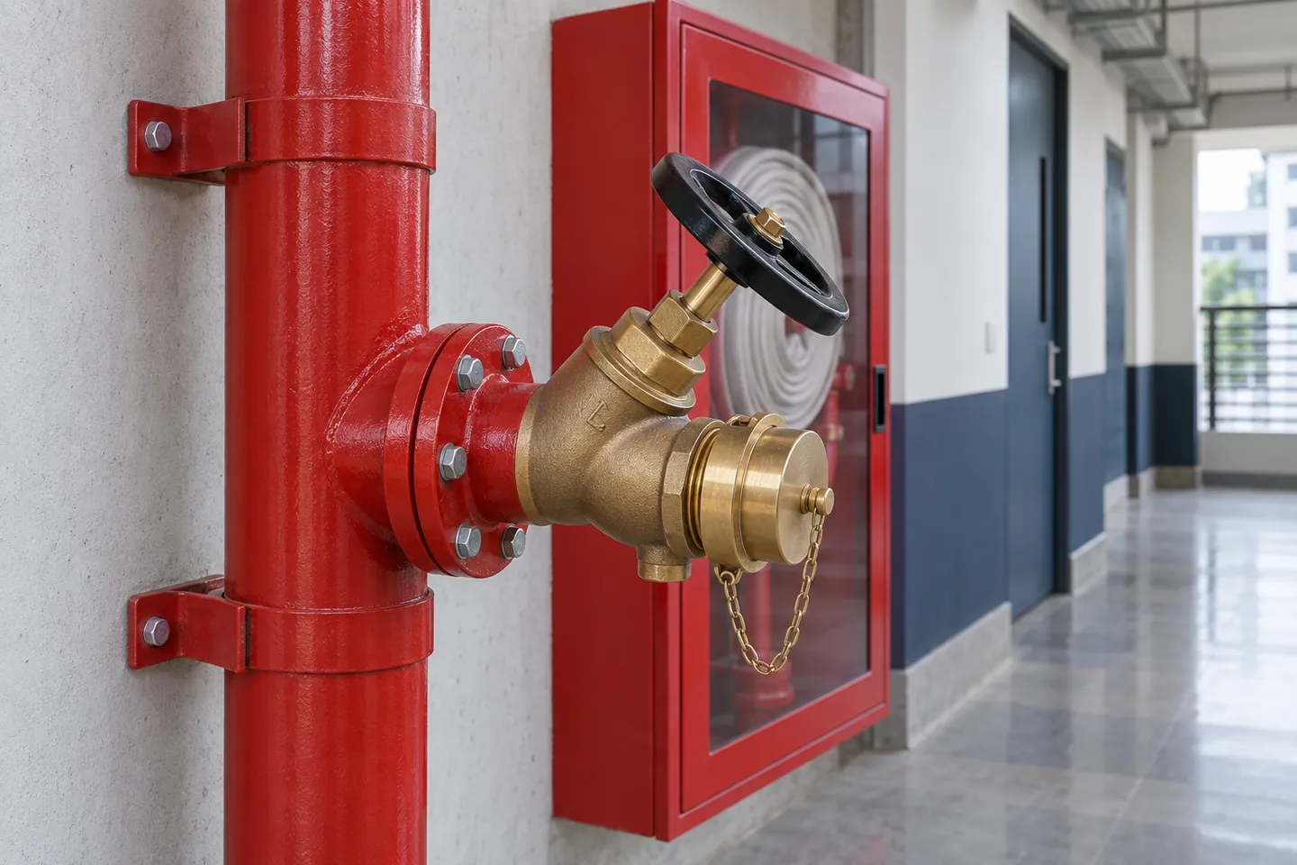 Indian wet-riser hydrant installation with brass landing valve and hose coupling