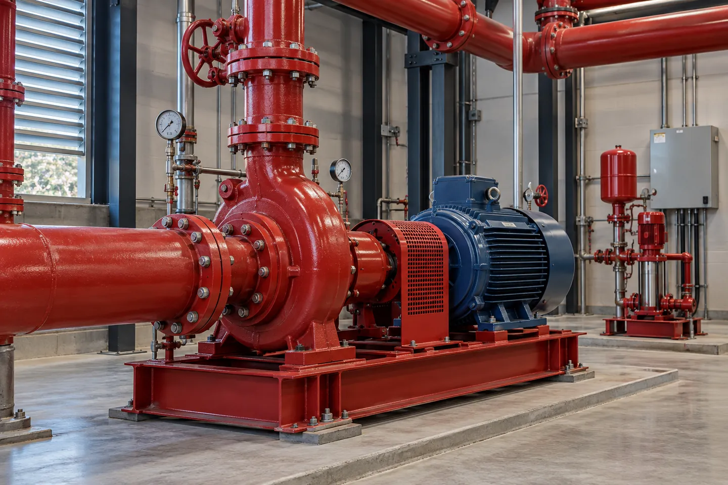 Main centrifugal fire pump and motor with a separate pressure-maintenance pump