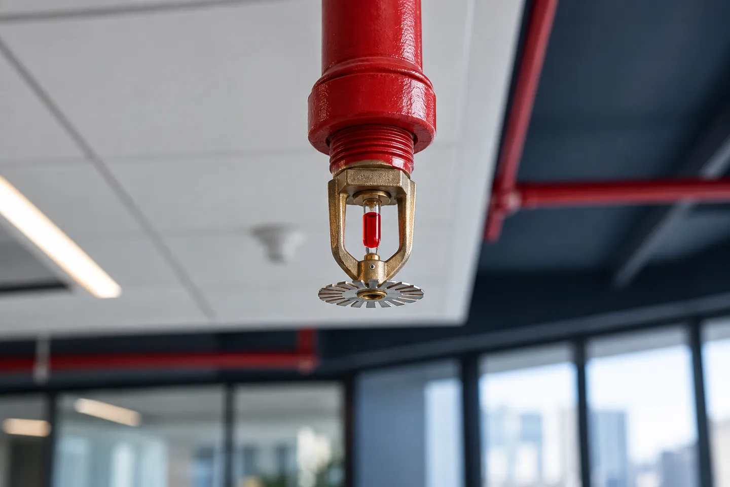 Close view of a pendant sprinkler with heat-sensitive glass bulb and metal deflector