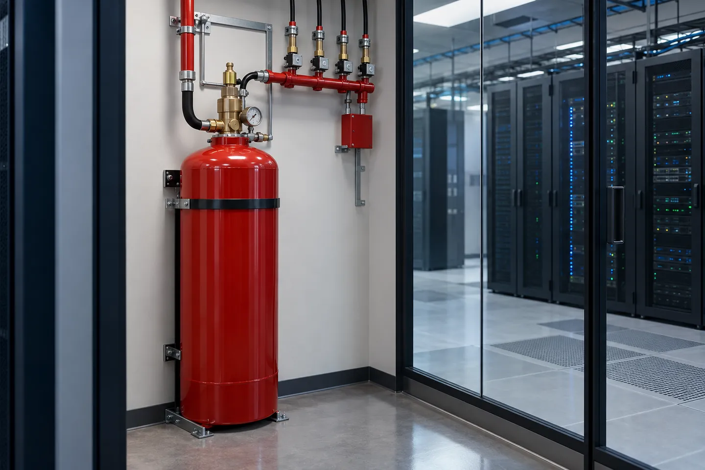 Special-hazard suppression cylinder assembly beside a protected data room