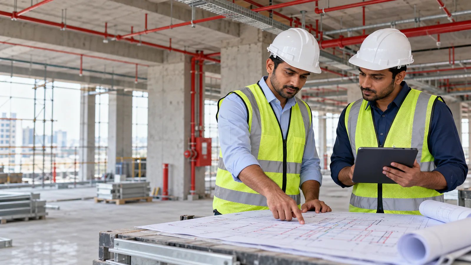 Fire-protection engineers reviewing coordinated project drawings at a commercial construction site